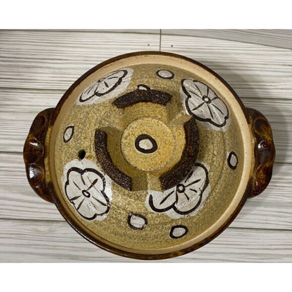 Vtg Art Pottery Lidded Casserole Dish Floral Brown & White MCM - Picture 2 of 8